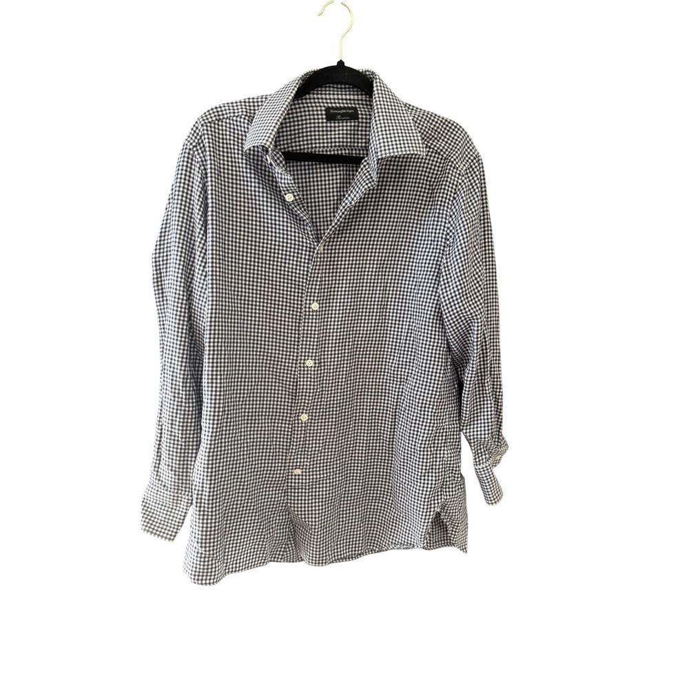 Ermenegildo Zegna Premium Mens Navy Blue Gingham Check Button Up Shirt L
